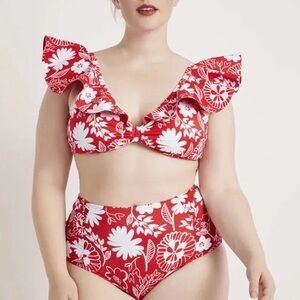 Eloquii Ruched Red White Floral Bikini Top and Bottom Size 20w and 18w